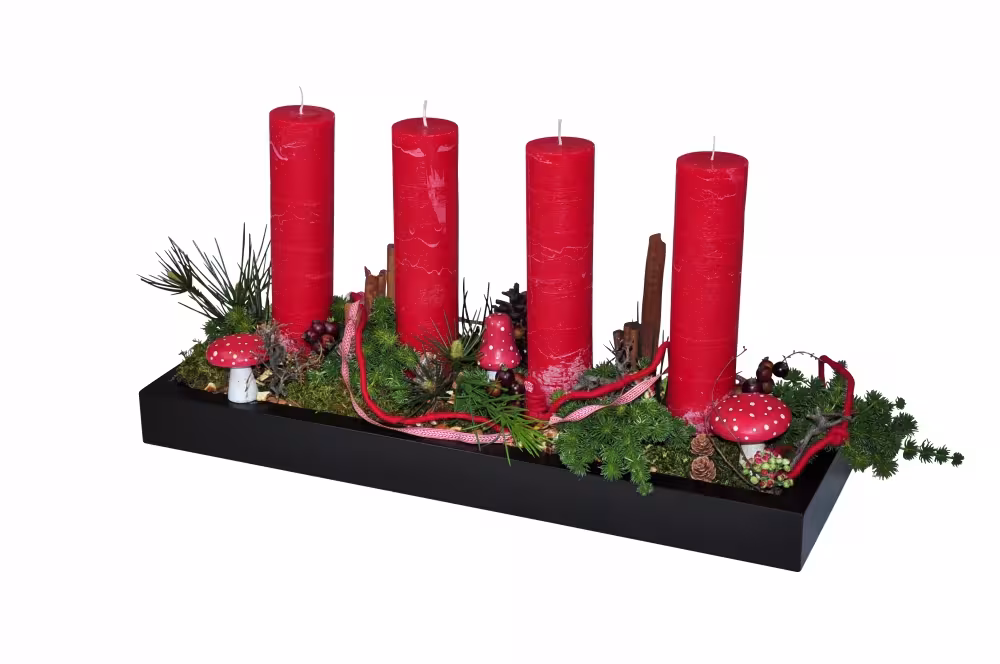 Massivholz-Dekoschale aus Buche, wengefarbig lackiert - Dekoschale wengefarbig lackiert, mit Adventsgesteck