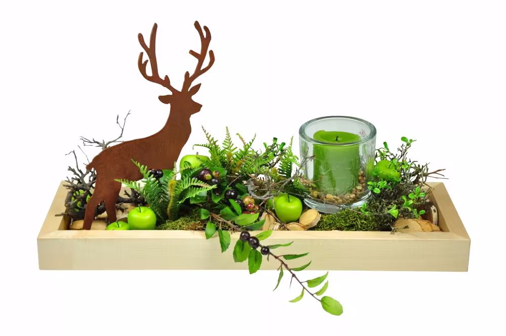 Dekoschale Ahorn mit Hirsch und Kerze, Ansicht von vorne