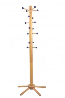 Kinder-Garderobenständer, massive Buche, mit blauen Kugeln an verschiebbaren Aufhängern