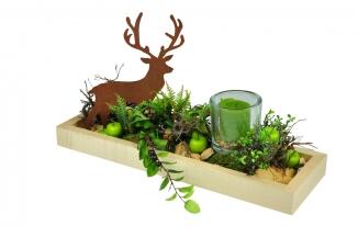 Dekoschale mit Hirsch und Kerze, aus natur lackiertem, massivem Ahornholz