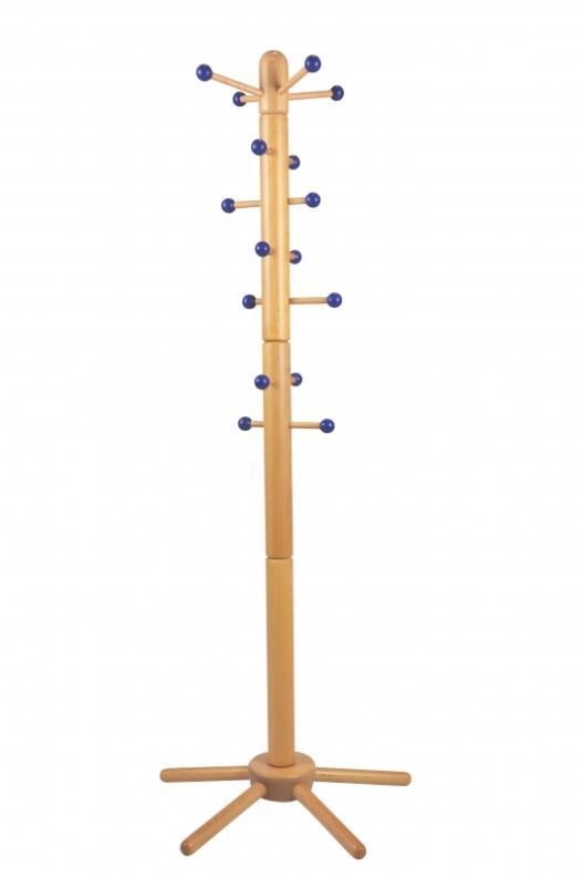 Kinder-Garderobenständer, massive Buche, mit blauen Kugeln an verschiebbaren Aufhängern